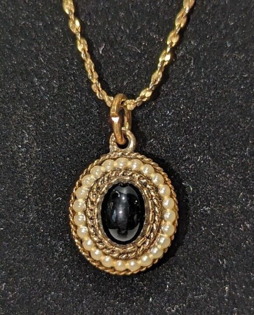 Faux Onyx Oval Pendant with White Seed Bead Accents Vintage Avon